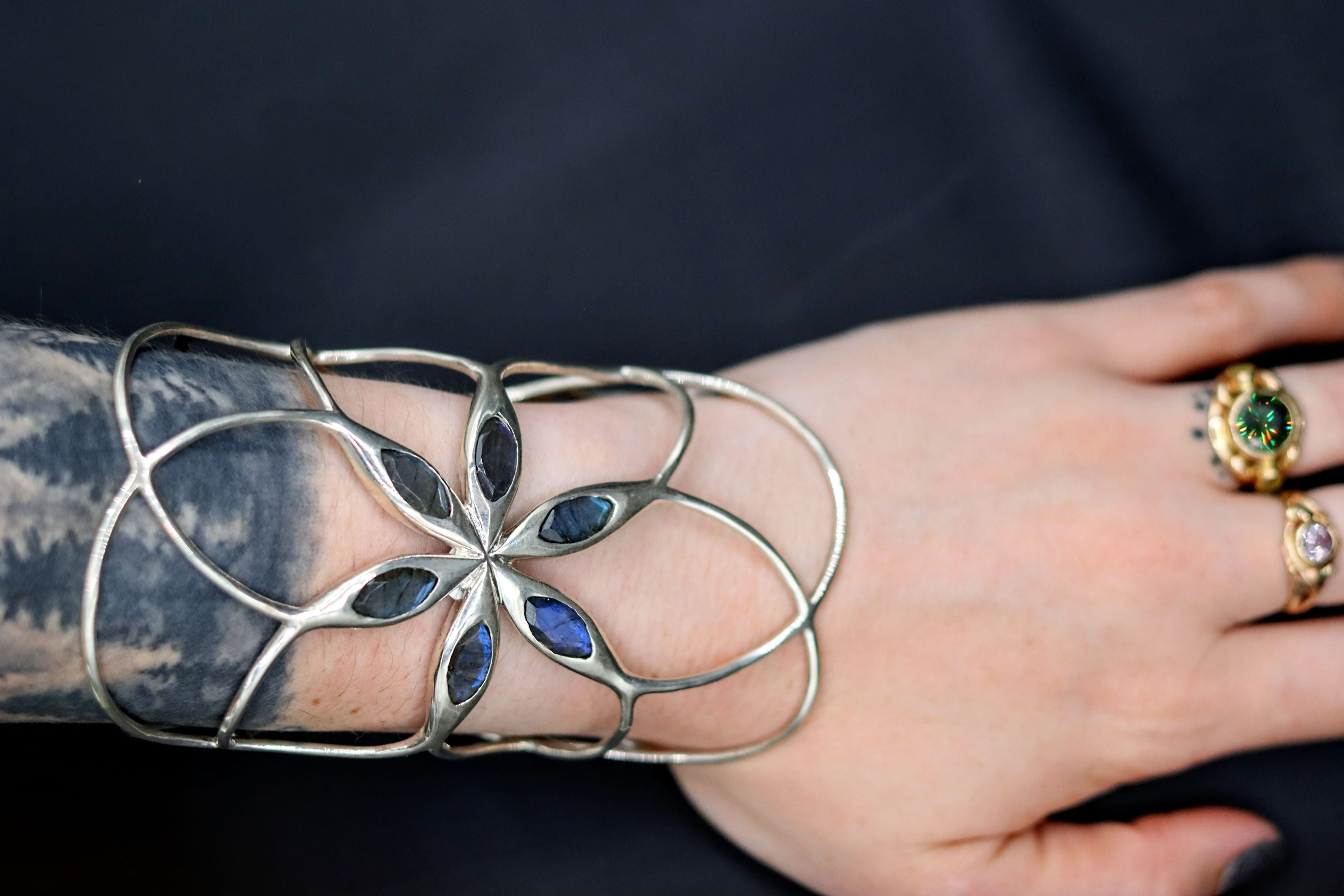 Flower of Life Large Labradorite Cuff Bracelet